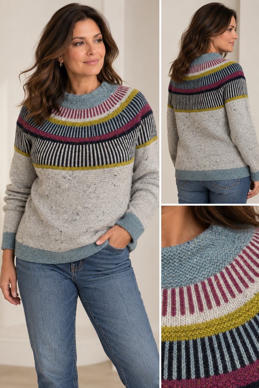 Celtic & Co Merino Wool Fair Isle Yoke Sweater Small Grey Funnel Neck Donegal